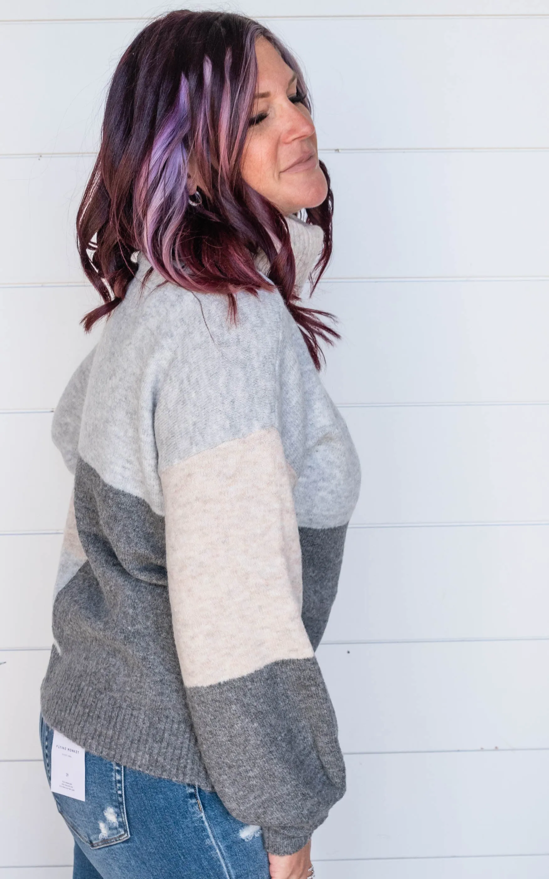 Cowl Neck Colorblock Sweater - Heather Grey - Final Sale