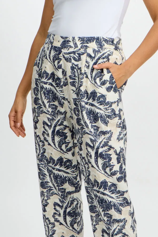 Emproved Women's Pull On Crop Woven Pant - Deep Ocean Tropical Leaf