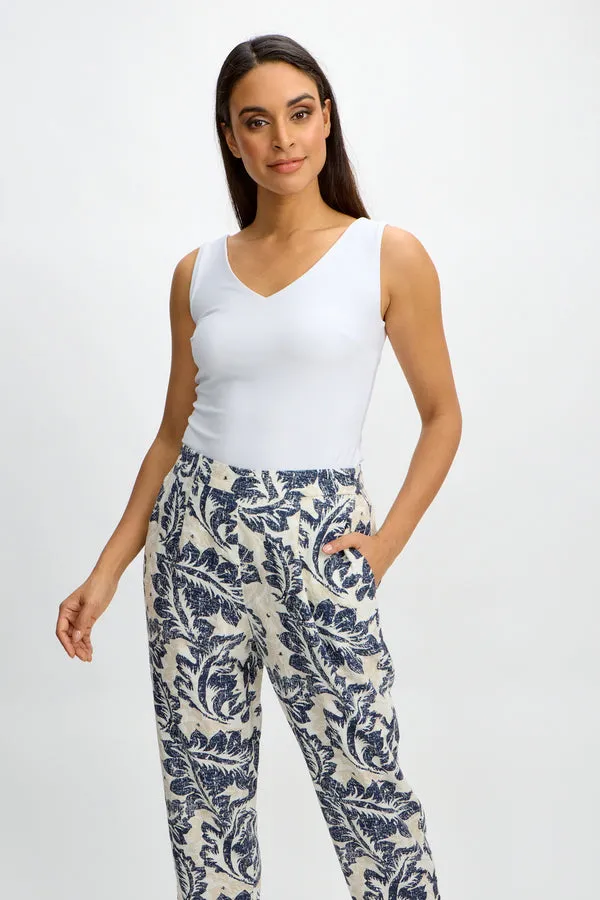 Emproved Women's Pull On Crop Woven Pant - Deep Ocean Tropical Leaf