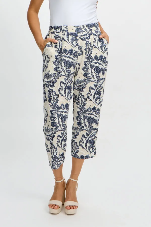 Emproved Women's Pull On Crop Woven Pant - Deep Ocean Tropical Leaf