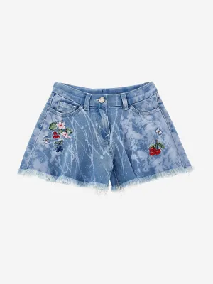 Girls Flower and Fruit Denim Shorts in Blue