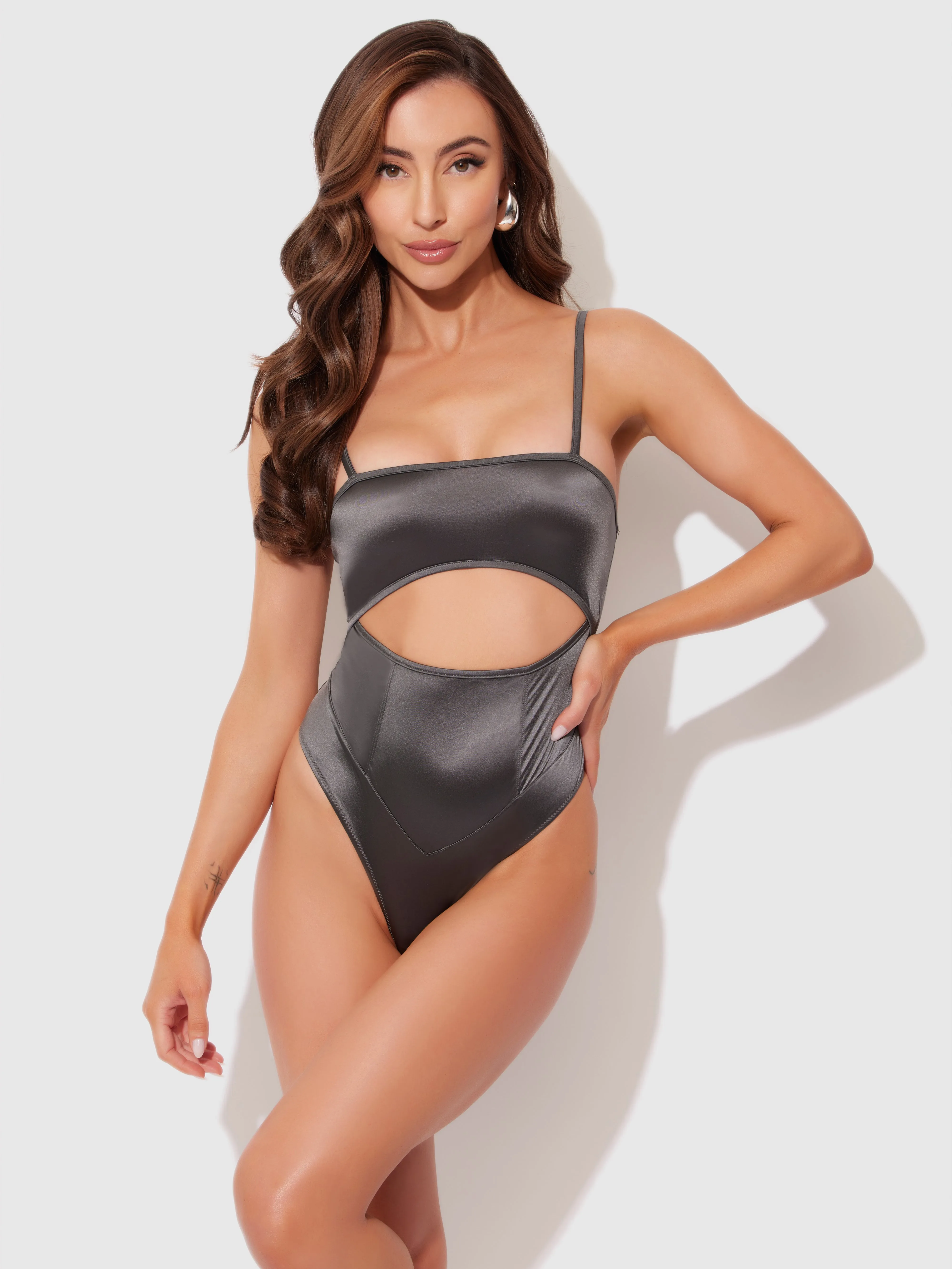 Neev Oil Slick Cutout Scoop Back Bodysuit by Frederick's of Hollywood