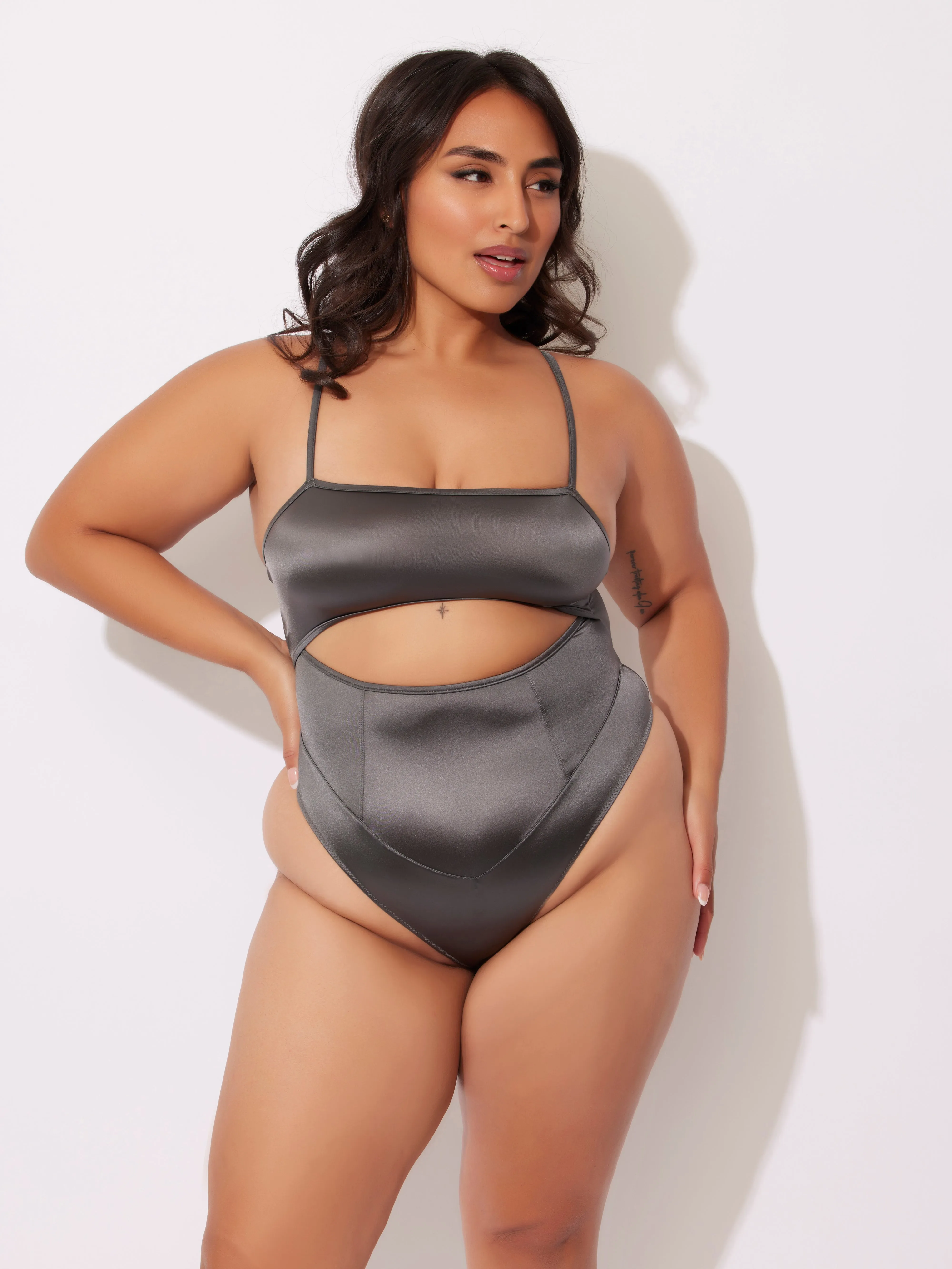 Neev Oil Slick Cutout Scoop Back Bodysuit by Frederick's of Hollywood