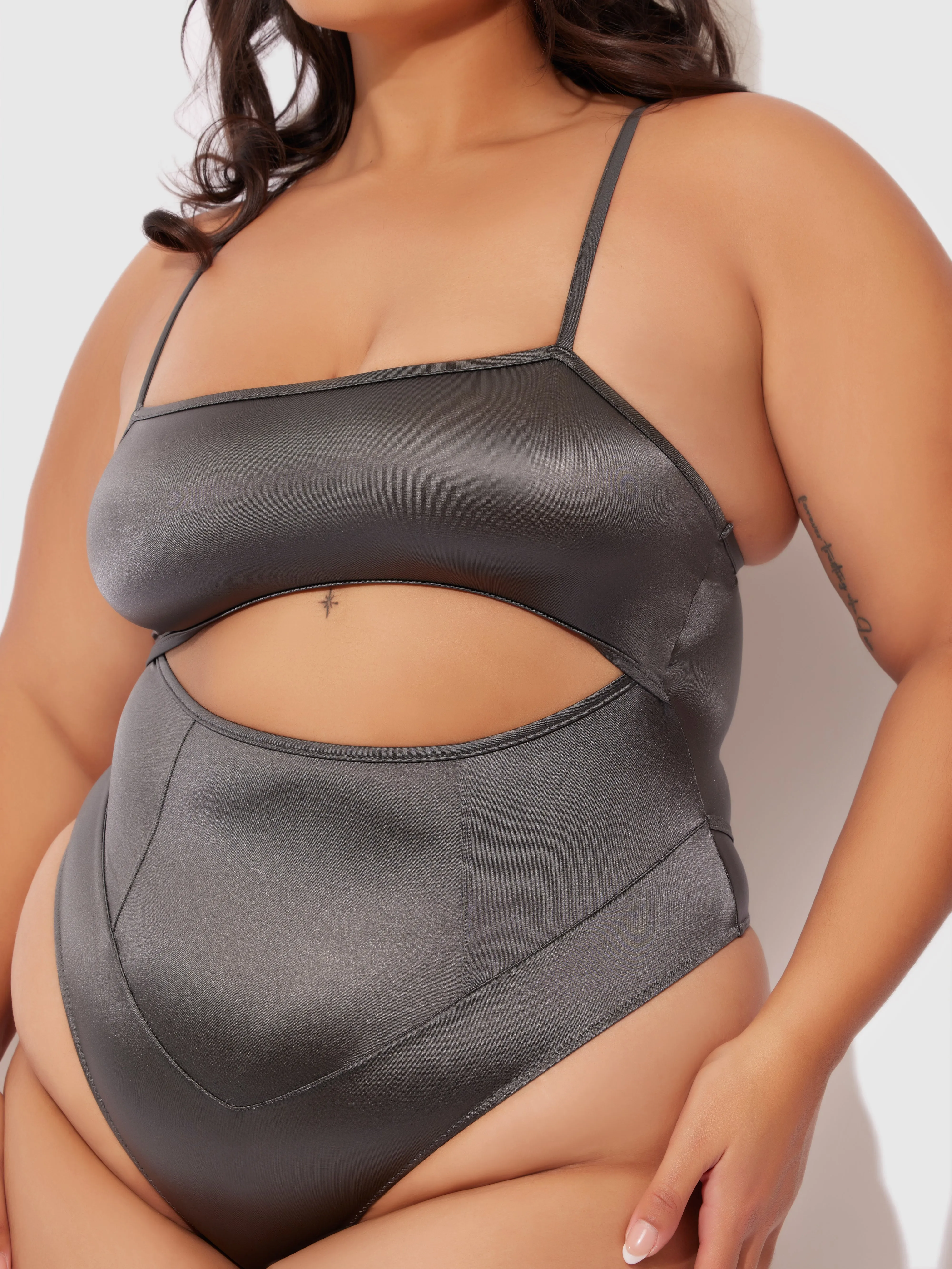 Neev Oil Slick Cutout Scoop Back Bodysuit by Frederick's of Hollywood