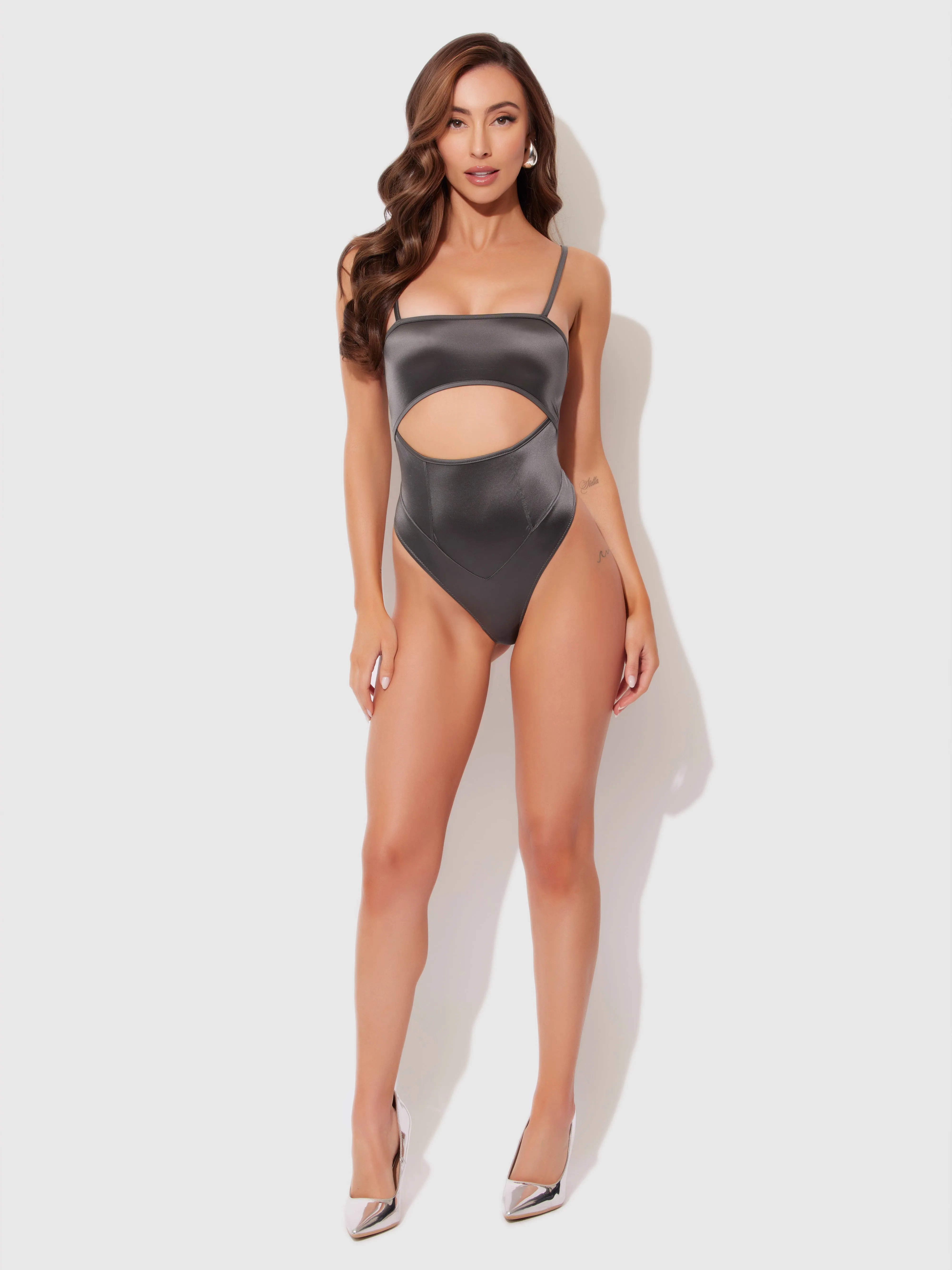 Neev Oil Slick Cutout Scoop Back Bodysuit by Frederick's of Hollywood