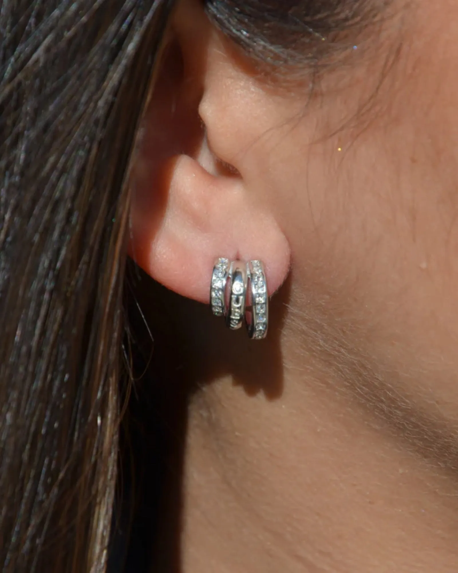 Rhodium Triple Mini Hoop Stud Earrings Guess