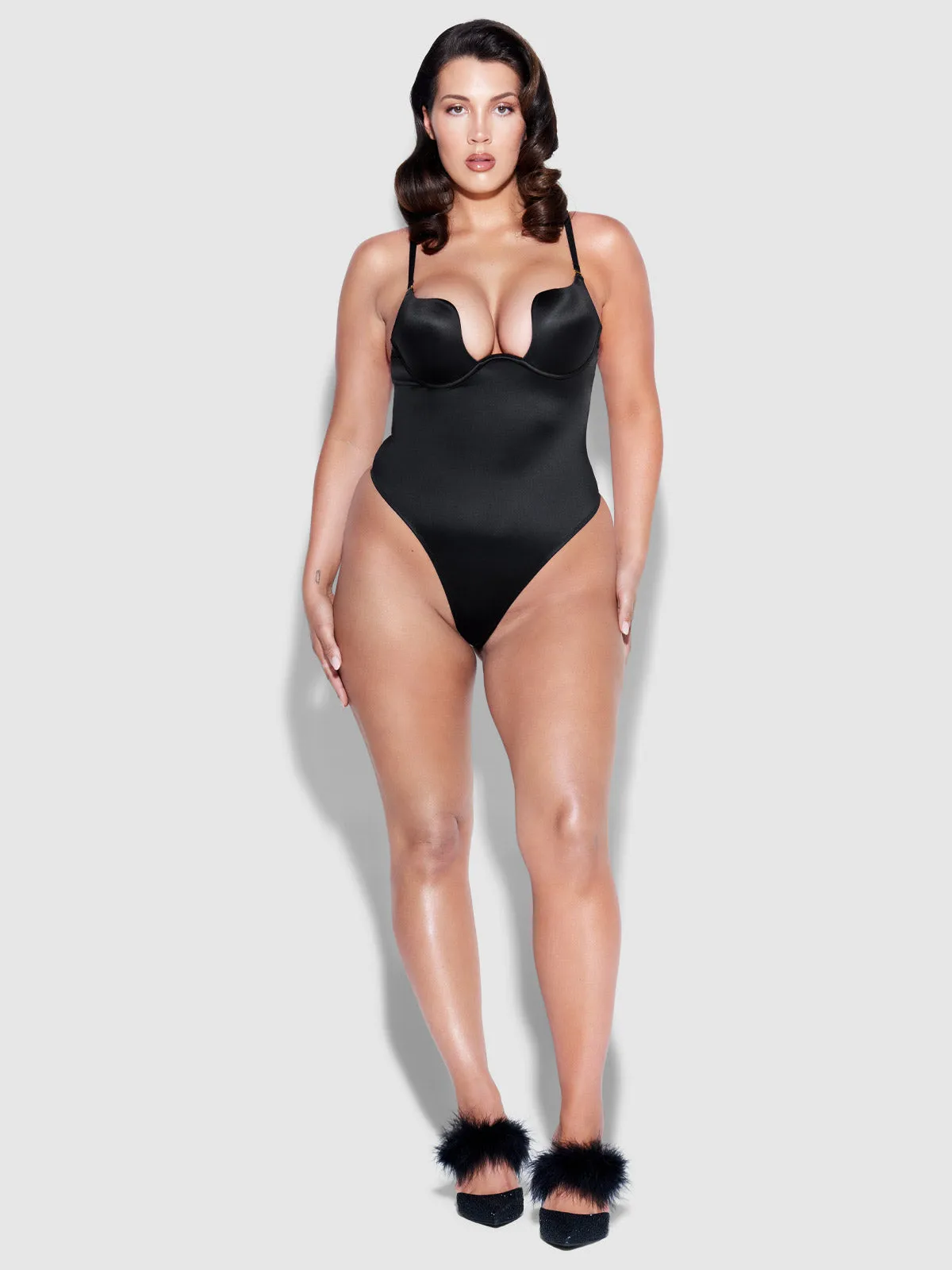 Rising Star Plunge Push Up Bodysuit in Liquid Satin by Frederick's of Hollywood